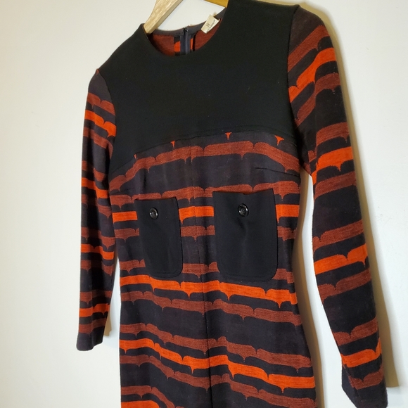 Danish Vintage Mod Red and Black 60s Patterned Long-Sleeve Front Pocket Dress - Picture 2 of 12